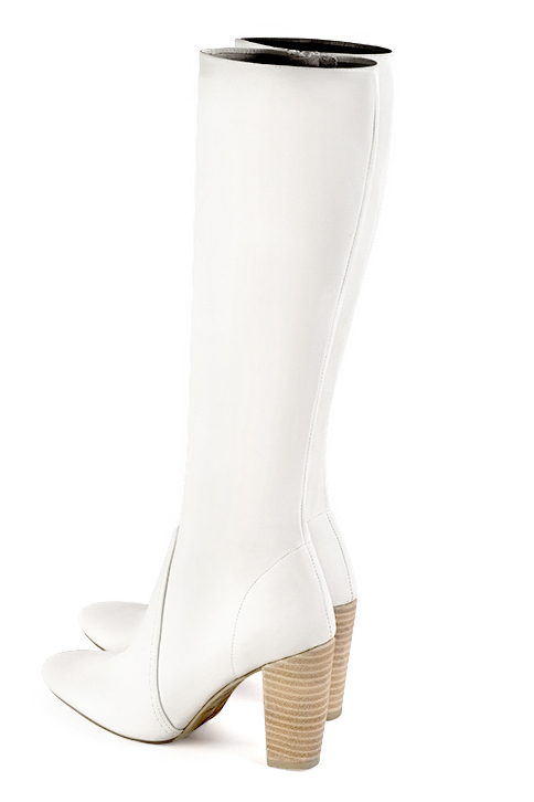 Off white women's feminine knee-high boots. Round toe. High block heels. Made to measure. Rear view - Florence KOOIJMAN